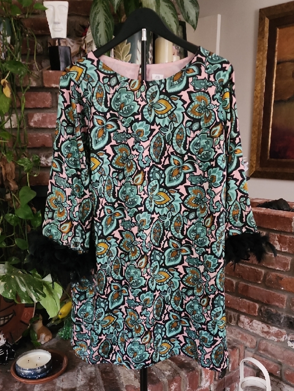 Moon River Pink & Teal Floral Shift Dress with Feather Cuffs